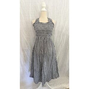 Mango Gingham Midi Dress Womens Black White Smocked Open Back Halter XS‎